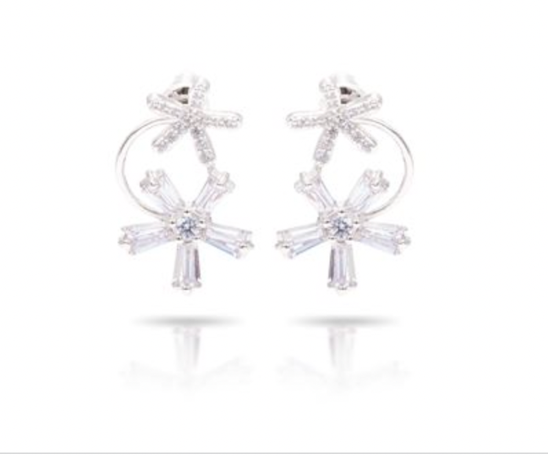 Ice Blu Double Flower Drop Earrings - Silver