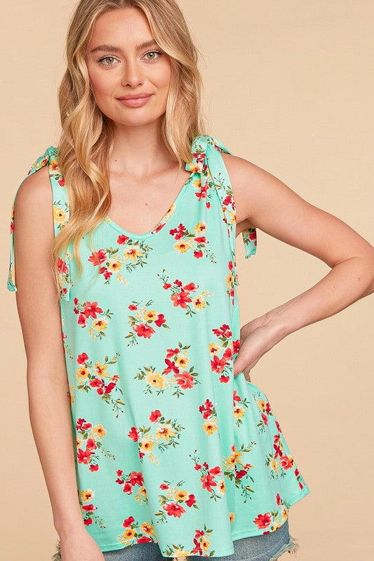 Floral Print Tie Knot Knit Swing Top