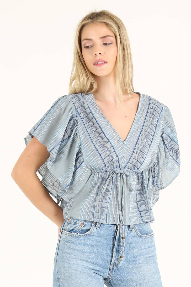 Blue Flutter Sleeve Top with Embroidery