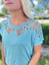 Top with Laser Cut Neck detailing with stones - nile blue