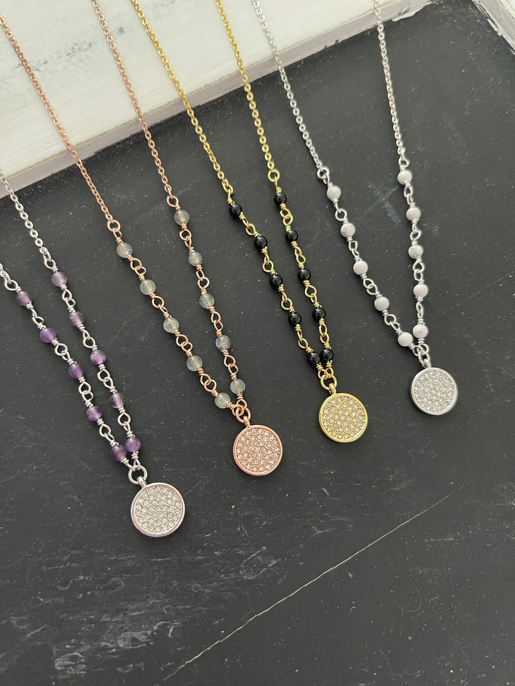 Pave Disc Necklace natural stone (multiple colors)