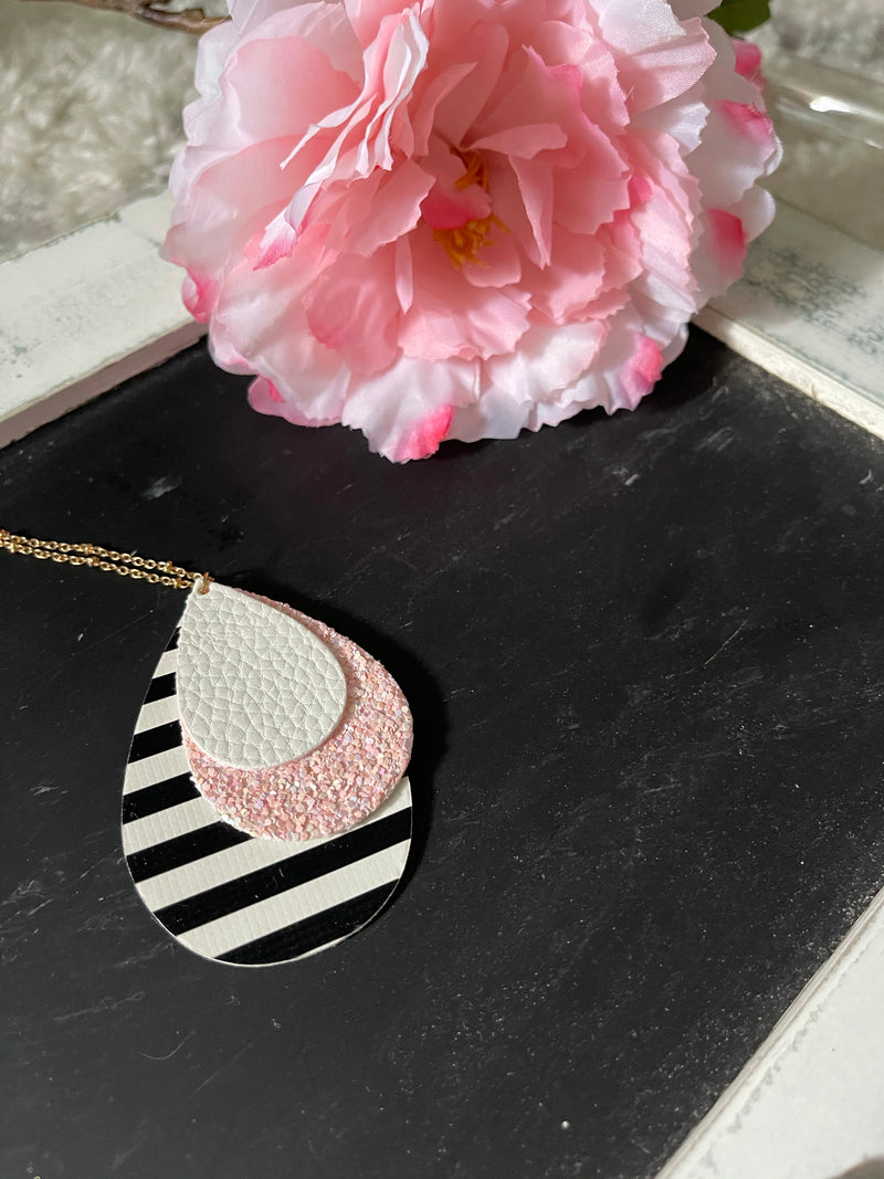 black/ white stripe with pink sparkle necklace