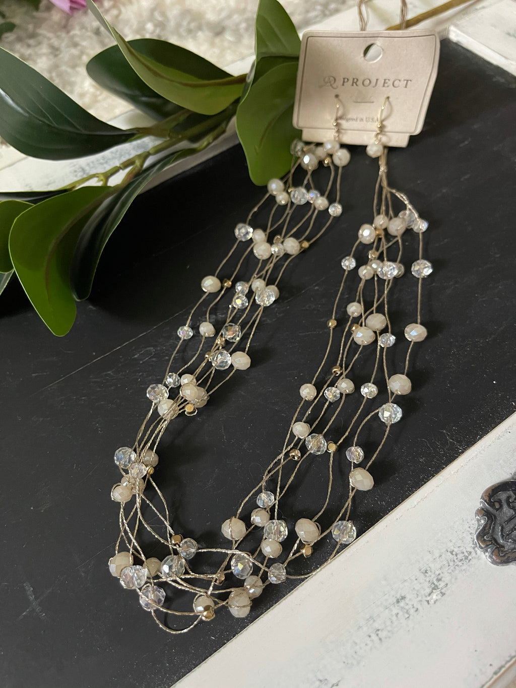 Long necklace with champagne beads + earrings